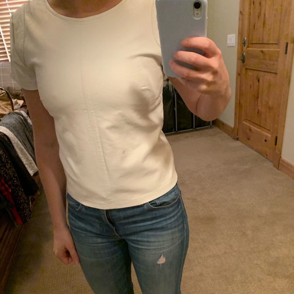 White, faux leather cap sleeve top